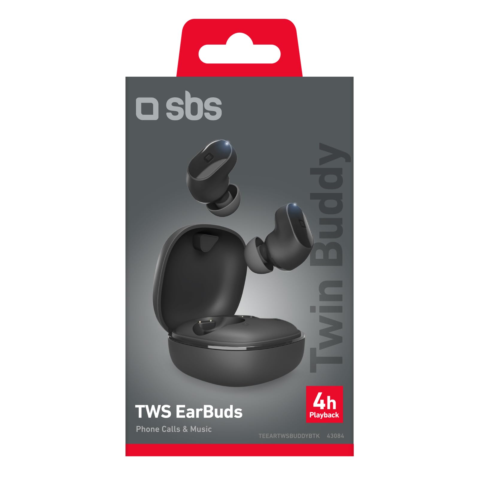 SBS auricolari true wireless TWIN BUDDY, water resistant IPX4, compatibili con cellulari Android e iPhone 15/14/13 e precedenti, touch control per musica e chiamate, cavo di ricarica incluso
