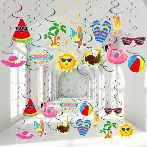 Image of 54 Pieces Pool Swirls Decorations Cute Summer Party Foil Swirls Garland Ceiling Wall Hanging Cutouts for Hawaiian Luau Pool Themed Party Baby Shower Birthday Party Decoration Supplies
