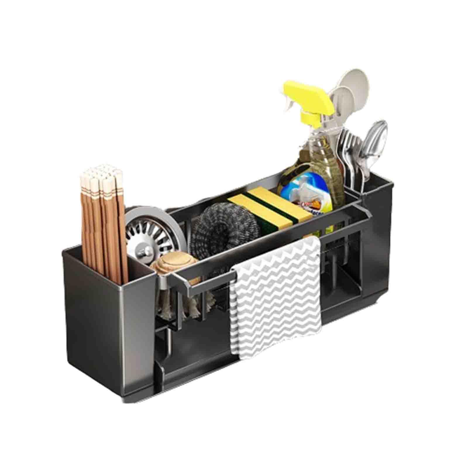 Multifunktionaler Küchenspüle-Organizer, schnell trocknender Schwammhalter mit Abtropfschale, geneigtes Abtropfgestell, Kunststoff-Spülbeckenregal für Schwämme, Bürsten und Reinigungswerkzeuge (grau