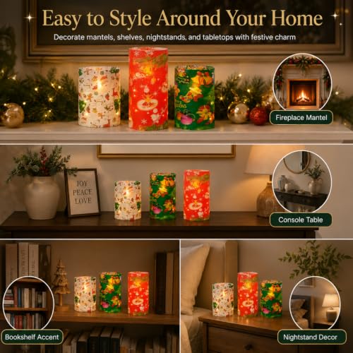 Image of Floral Flameless Candles with String Lights - 3pcs Battery Operated Candle Flickering Christmas LED Pillar Candles with Timer Remote for Home Decor Romantic Ambiance,CH