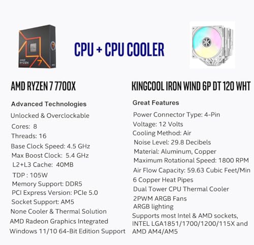 Image of MICRO CENTER CPU Air Coolor Combo - AMD Ryzen 7 7700X Desktop Processor with KINGCOOL Iron Wind 120mm ARGB CPU Air Cooler White