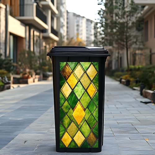 Image of Trash Can Cover Trash Can Stickers Garbage Can Decoration - 14.6x32.3 Inch Green and Yellow Geometric Diamond Abstract Design
