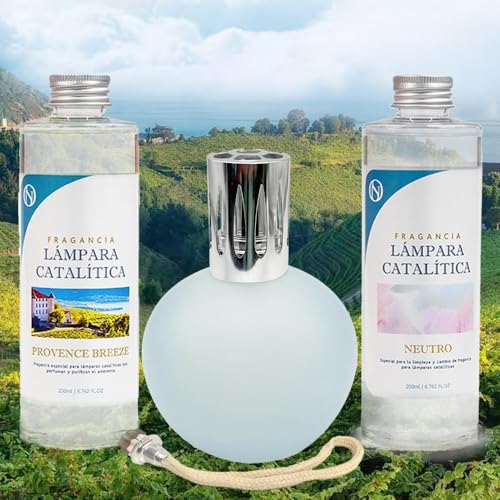 M MAMA MANUELA Pack Ahorro Lámpara Catalítica Azul Grisáceo Mate + Fragancia Provence Breeze (200ml) + Limpiador Neutro (200ml) + Mecha de Repuesto