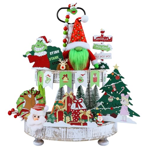 Christmas Decor-15PCS Tiered Tray Decor Set Cute Green Gnome Christmas Tree Wooden Signs Gift Boxes Dog Beads Garland Blocks Table Signs Indoor for Home Party