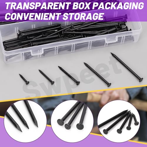 Swpeet 300Pcs 5 Größen 3/4 1-1/4 1-3/5 2 2-3/8 Schwarz Hardware Nagel Sortiment Kit, Stahl Nagel, galvanisierte Nägel, kleine Nägel, Finishing Nägel, Wandnägel, Holznägel, Nägel für Beton Ziegel