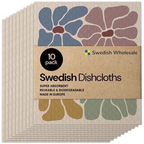 Image of Swedish Wholesale Dishcloths Reusable 8 inch x 7 inch Sponge Cloths, Bulk 10 Pack of High Absorbent Cellulose Dish & Kitchen Cleaning Hand Towels, Wring to Dry & Machine Wash, Odor Resistant, Retro Flower