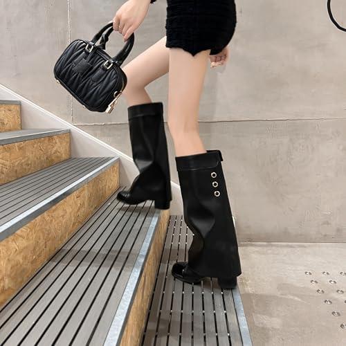 Knee high boot womens Fold Over black suede boots for women Round Toe tan Chunky heels Pull on Booties wide calf boots dressy botas3