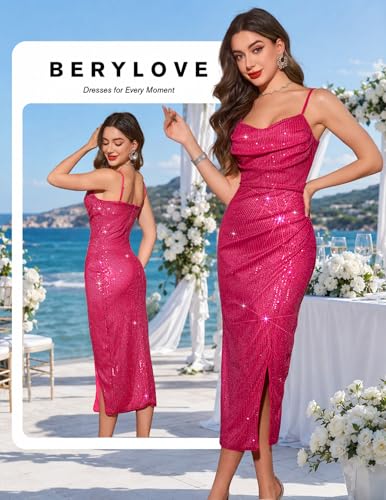 Image of BeryLove Summer Sequin Cocktail Prom Wedding Guest Dresses Sparkly Party Evening Formal Spaghetti Strap Dress