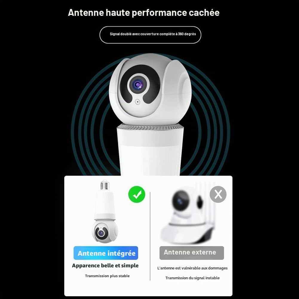 Caméra à Ampoule 3MP Ampoule et Caméra 360° 2 en 1 WiFi Caméra de Surveillance de Sécurité à Conversation Bidirectionnelle Aucun Câblage Requis pour L'Intérieur B