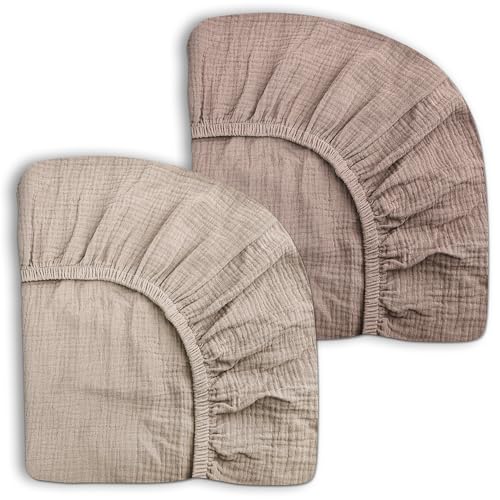 Image of Pack and Play Sheets for Baby Boy and Girl 2 Pack, Neutral Muslin Cotton Pack N Play Mattresses Sheet 27"x39", Muslin Nursery Bedding Soft and Breathable Comfort (Beige & Vintage Taupe)