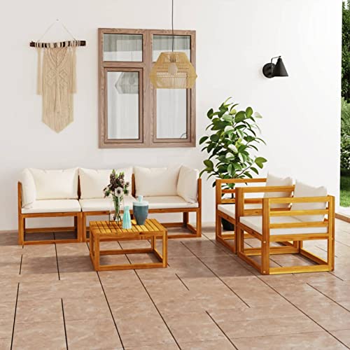 NITCA Juego de muebles de jardín de madera para terraza, 6 piezas, juego de muebles de jardín con cojines, muebles de salón, terraza, madera, crema, balcón (4 piezas angulares, parte central y mesa)