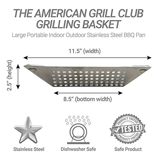 The American Grill Club Grilling Basket - Large Stainless Steel Portable Indoor Outdoor BBQ Pan - Barbeque Veggies, Kabobs or Charbroil Fish in Backyard or While Camping with Propane Gas or Charcoal - Thumbnail 5