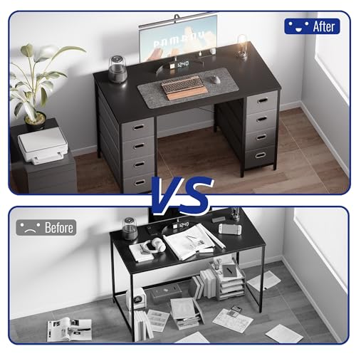 Pamray 47 Inch Computer Desk with 8 Fabric Drawers PC Gaming Desk Home Office Study Work Writing Table for Bedroom Pink - Image 5