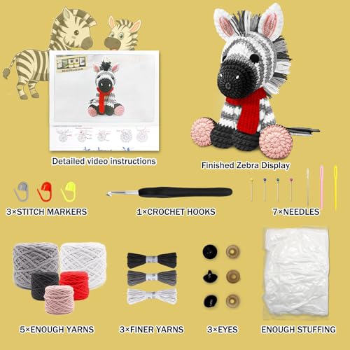 Image of CODGP Crochet Kit for Beginners, 11.8-Inch Zebra Crochet Kit for Adults | Crochet Starter Kit Gift, Animal Amigurumi Kit, Durable Chenille Yarn, Full Supplies, Step-by-Step Videos, for Crochet Lovers