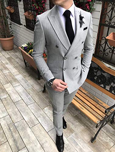 Men's Pinstripe Suit Two-Piece Double Breasted Wedding Groomman Formalwear2