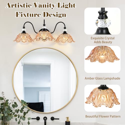 Image of Black Bathroom Vanity Light,3-Light Vanity Light with Floral Amber Glass Shades,Vintage Farmhouse Wall Mount Lighting for Bathroom, Dressing Table