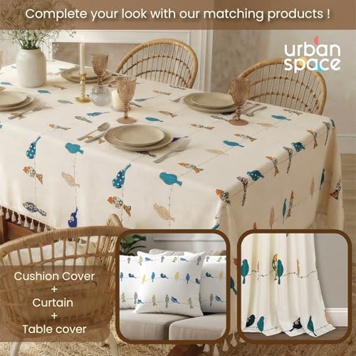 Image of Urban Space 100% Cotton Dining Table Cover 4 Seater, Printed Cotton Table Cloth for Center Table, Table Cover with Tassels (High Bird Blue, 4 Seater - 48 inch x 72 inch)