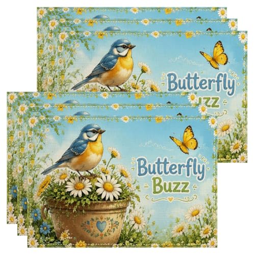 Lot de 6 sets de table papillon Buzz - Motif floral bleu - Pour table de salle à manger, printemps été - Antidérapants - Lavables - Pour intérieur et...