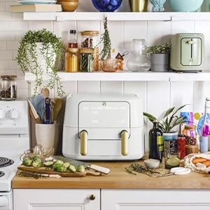 Beautiful 9 QT TriZone Air Fryer with Touch-Activated Display, 1700W, Dual Baskets, Non-Stick, Dishwasher Safe, Large Capacity by Drew Barrymore (White Icing) Beautiful 9 QT TriZone Air Fryer with Touch Activated Display 1700W Dual Baskets Non Stick Dishwasher Safe Large Capacity by Drew Barrymore White Icing