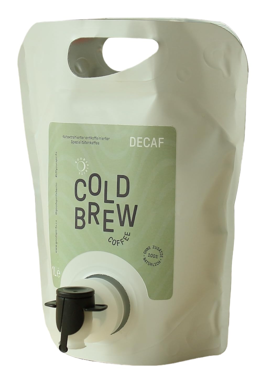 1 Liter Good Spirits Premium Decaf Cold Brew Coffee Koffeinfreies Kaffee Kaltgetränk Stand Up Pouch mit Zapfhahn für lange Haltbarkeit und Geschmack