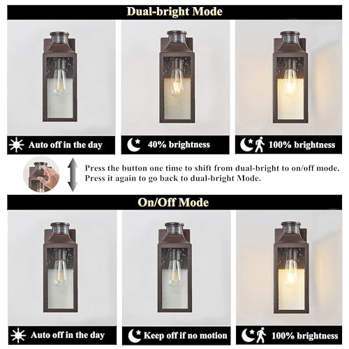 Image of MICSIU 12.75 inch Bronze Motion Sensor Traditional Outdoor Light Fixture 1 Pack | Dusk to Dawn Outside Wall Sconce with Clear Seedy Glass, 3 Modes Farm Porch Light for House Garage Deck