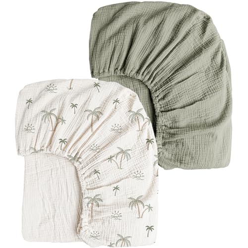 Image of Konssy Muslin Crib Sheets 2 PCS 100% Cotton Baby Crib Sheets for Standard Crib Mattress (28"x 52"), Soft and Breathable for Boys, Girls (Tree,Fog Green)