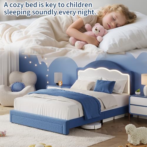 Image of GarveeHome Full Size Bed Frame with LED Headboard for Kids, Sherpa Upholstered Platform Bed Frame with Storage Drawer and Wood Slat Support, No Box Spring Required, Easy to Assemble