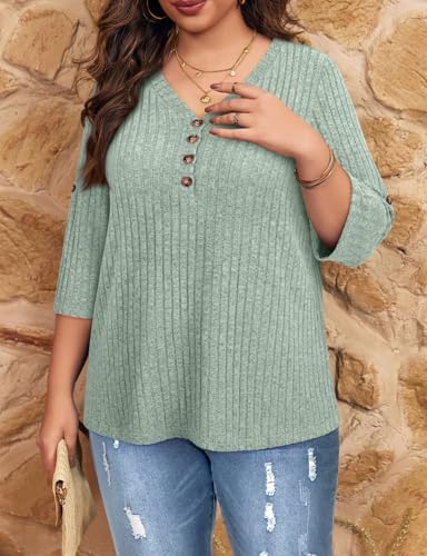 Image of Koscacy Women Plus Size V Neck 3 /4 Roll Sleeve Sweater Casual Knit Tops Solid Color Blouses