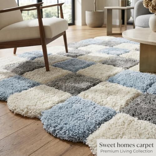 Image of SWEET HOMES Irregular Carpet Handwoven Shaggy Checkered Area Rug | Ultra Soft Plush Anti-Skid Backing, 12 x 15 Feet (366 x 457 cm), Blue & Grey