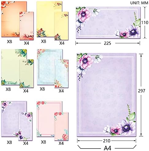 ANZON MORIES A4 Japanese Stationery Paper and Envelopes Set, 48 Letter Writing Paper with 24 Self-Sealing Envelopes, Printer Friendly, Color Both Sides, Ink Painting Classic Vintage Floral Design