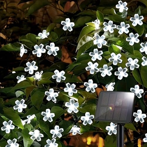 HULUBO Guirnalda de luces solares impermeables de 72.2 pies, 200 luces LED solares de flores, para jardín, patio, valla, patio, árbol de Navidad, decoración de fiesta de boda (blanco)