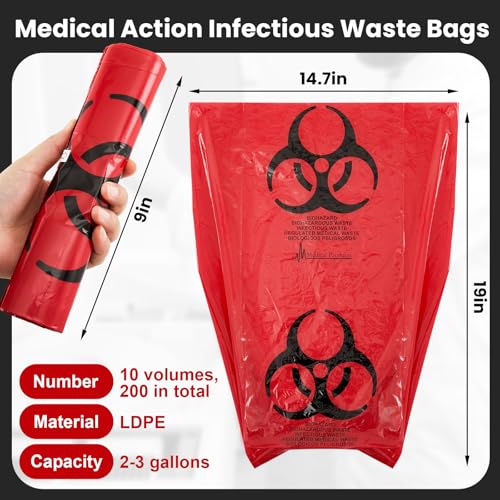 Image of Geiserailie 200 Pcs 10 Roll 14.5 inch x 19 inch Biohazard Waste Bags 3 Gallon Infectious Red Trash Liner No Leak Hazardous Waste Containers with Hazard Symbol for Medical Waste Disposal Safe Hospital Supplies
