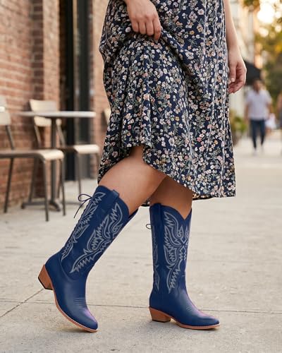 Image of Uillnoodu Wide Calf Cowboy Boots Women Adjustable Lace Up Knee High Tall Plus Size Cowgirl Boots Western Style Comfortable 2-Inch Heel