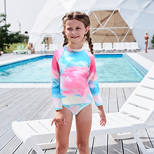 Aisyee Girls Long Sleeve Rash Guard Set Two Piece Swimsuits Tie Dye Bathing Suits for Kids UPF 50+ Swim Shirts3