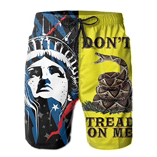 Mens Swim Trunks, Distressed American Flag And Gadsden Flag Don't Tread snake On with Me Beach Shorts Novelty Lining Swimwear 3d Printed Drawstring Beach Bathing Suits Pant With Pockets Mesh Lining Xl
