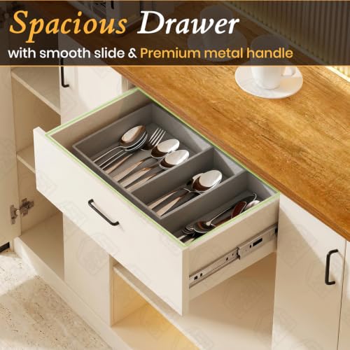Image of ABOUT SPACE Kitchen Storage Cabinet - 6 ft Long Sideboard with 4 Doors, Drawer & Open Shelves, Adjustable Shelves, Crockery Cabinet & Kitchen Organizer Rack (CM Oak & White Marble- 190x38x91.5 cm)