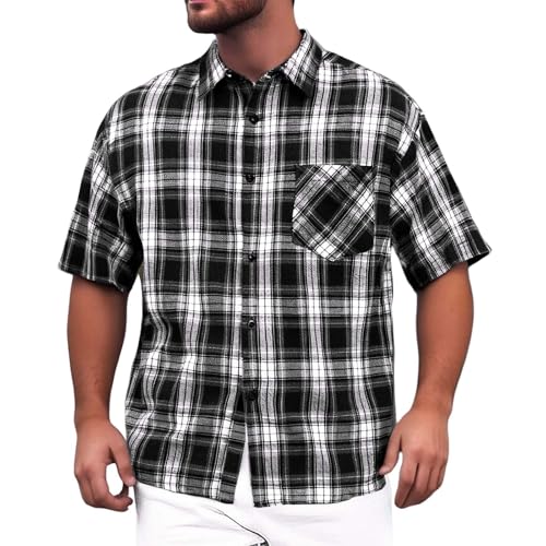 Generisch Camisa a cuadros para hombre, transpirable, elástica, camisa de verano, diseño fresco, camisa de pescador ligera, informal, con botones, cuello reversible, camisa de manga corta, Negro