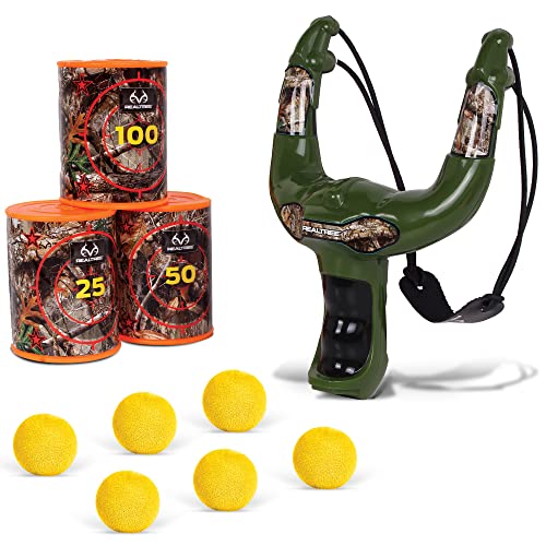 NKOK Realtree: Handheld Slingshot Set - Green - #25037 Includes 6 Foam Balls & 3 Can Targets, Toy Slingshot Shoots Up to 30 Feet, Officially Licensed, for Ages 6+