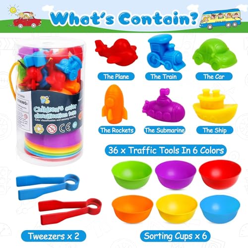 Image of Counting Transport Matching Game Color Sorting Toys with Bowls Montessori STEM Sensory Training Early Educational Preschool Learning Toy Gift for Toddlers Kids Ages 3 4 5 6 (Transport)