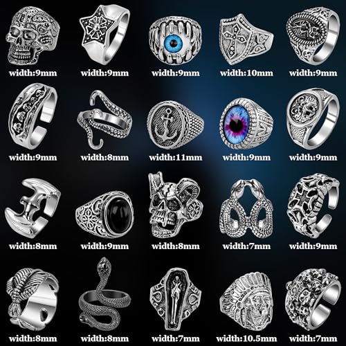 REVOLIA 20Pcs Vintage Silver Punk Rings for Men Cool Gothic Chunky Biker Kunckle Rings Set Skull Feather Snake Octopus Devil Eyes Stacking Rings Jewelry Pack3