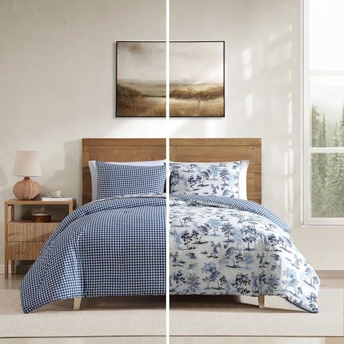Image of Eddie Bauer - King Comforter Set, Super Soft Reversible Bedding with Matching Shams, Buffalo Check Reverse, Rustic Inspired Room Essentials (Vintage Forest Toile Blue, King)