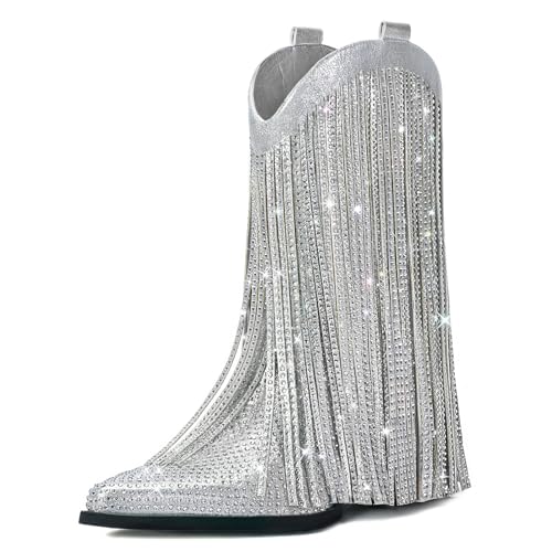 Fringe Cowboy Boots for Women – Mid Calf Cowgirl Boots with Star Studded, Pointed Toe and Chunky Heel, Perfect for Country Music Festivals