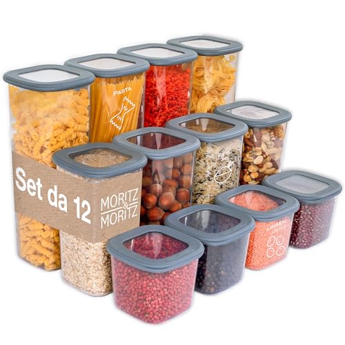 Moritz & Moritz Set di 12 barattoli con coperchio ermetici - Alimentare per la conservazione degli alimenti - Contenitori ermetici e impilabili - Set di barattoli per la conservazione in cucina