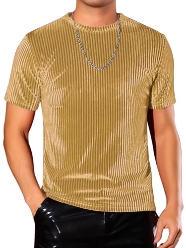 Lars Amadeus Velvet T-Shirts for Men's Crew Neck Short Sleeve Tee Tops Disco Velour T Shirts Golden S