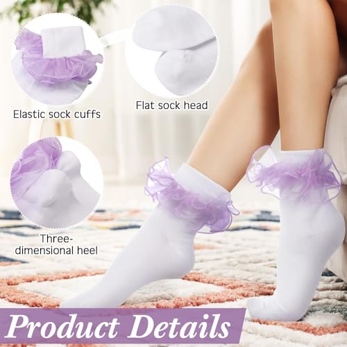 Image of Geyoga 3 Pairs Women Big Ruffle Socks Turn Cuff, Double Lace Ankle Cotton Frilly Socks for Ladies Summer