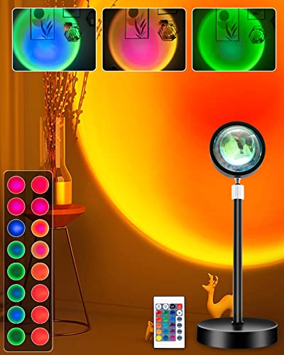 Sunset Projection Lamp, Sunset Lamp with Remote RGB 16 Colors, 360 Degree Rotation Sunset Light Projector, Rainbow Projection Lamp LED Night Light for Bedroom, Party, Photography, USB Port