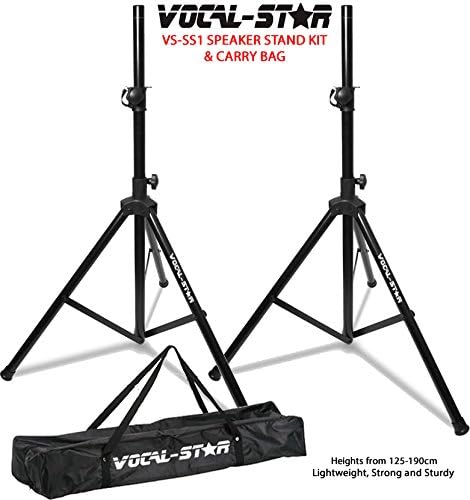 Two black speaker stands with a carry bag on the floor