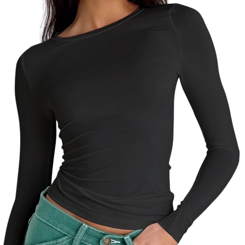 OYIGELZ Langarmshirt Damen Klassischer Basic T-Shirt Crop Tops Y2K Slim Fit Oberteile Sweatshirt Casual Rundhals Tee Shirt