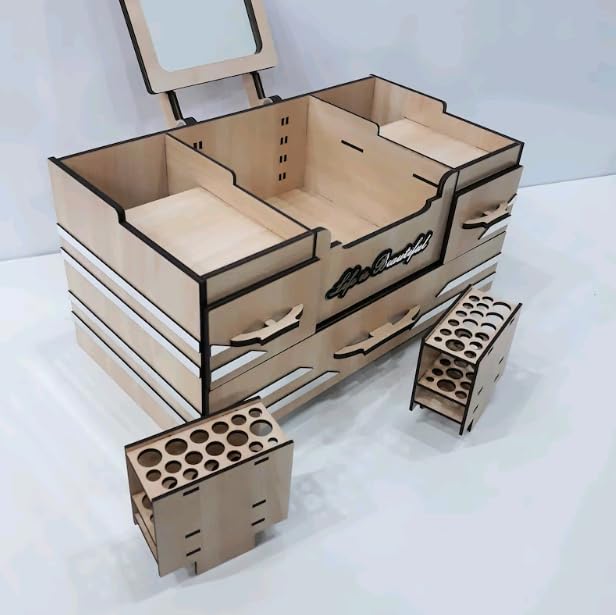 Image of Wooden Makeup Organizer Box with Drawers & Mirror | Vanity Station | Large Capacity Cosmetic Storage Case for Makeup, 38.2x20x19 cm, White