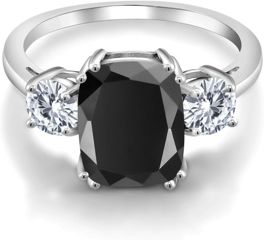 Gem Stone King 3.39 Cttw Black Onyx and White Moissanite 3-Stone Ring For Women | 925 Sterling Silver | Cushion Cut 10X8MM and Round 4.5MM | Wedding Engagement Anniversary Promise Ring - Image 3